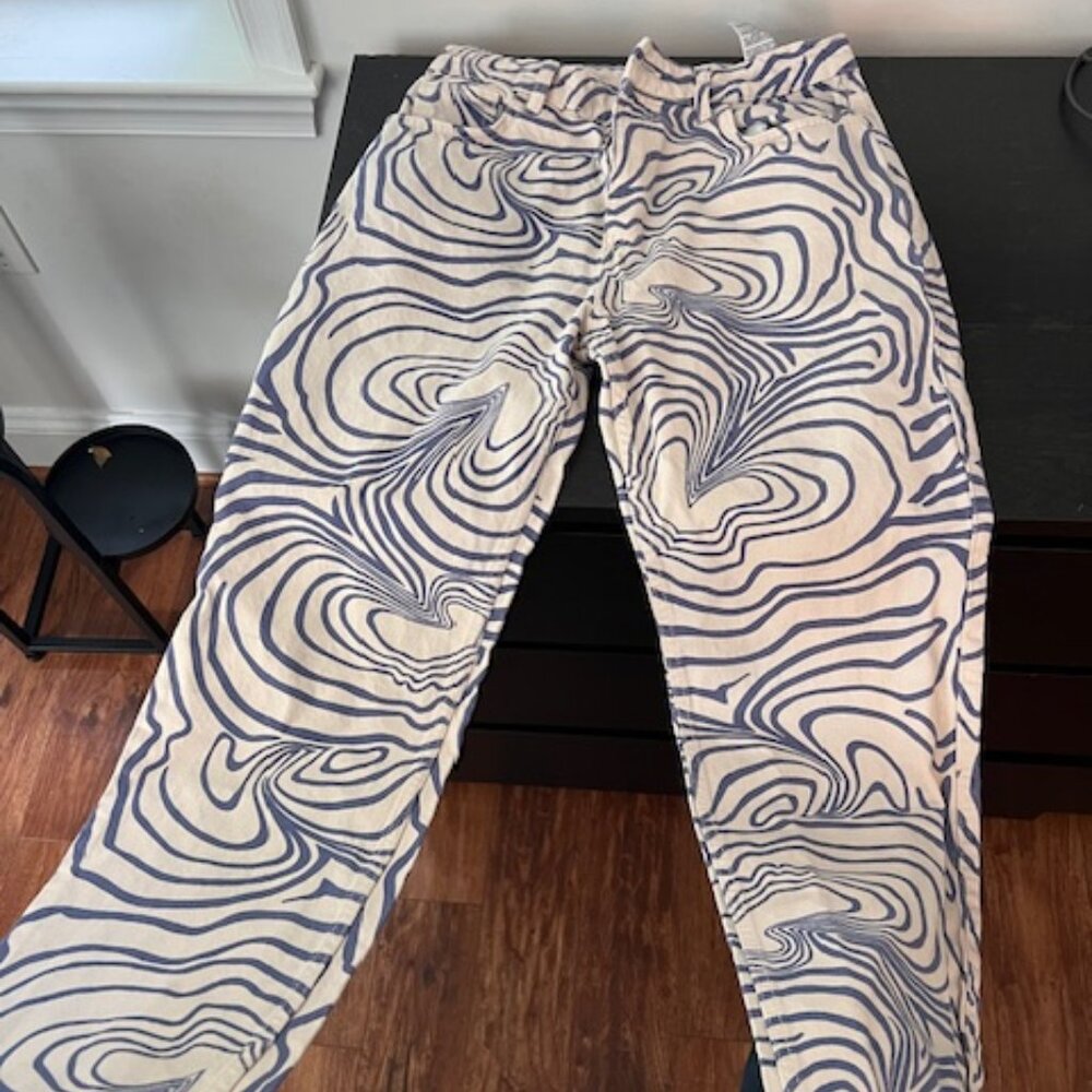 Zara blue and white topographical denim straight leg jeans